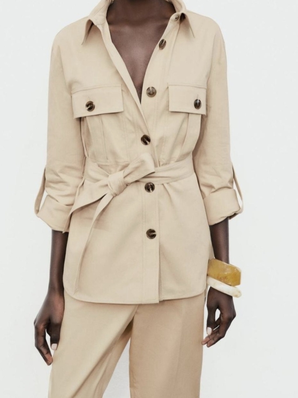 Belted Utility Jacket in Beige - Women